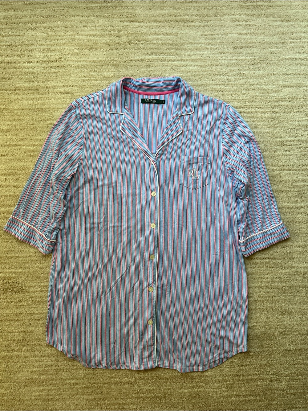 EUC Lauren Ralph Lauren 3/4-Sleeve His Shirt Sleepshirt Blue Pink Striped Siz XL